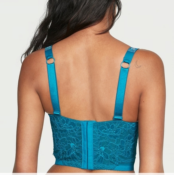Victoria Secret Teal Lace Corset Bustier Push-Up Bra 38DD Very Sexy Shine Strap - Picture 14 of 14